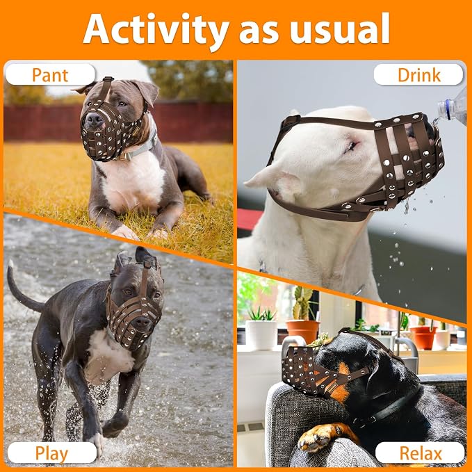 Pitbull Dog Muzzle for Large Medium Dogs Prevent Biting Scavenging | Fits Rottweiler Amstaff Broad-nosed Breed, Sturdy Breathable Basket, Training Walking Use, Allows to Drink | Brown, L