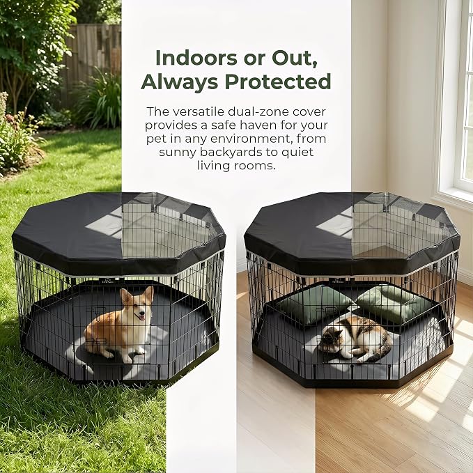 PJYuCien Octagonal Playpen Top Cover for 24" Side Metal Pet Pen, Half Mesh Half Oxford with Silver Coating & Snap Hooks, Predator & Weather Protection, Cozy Den for Puppy Small Animals, Black