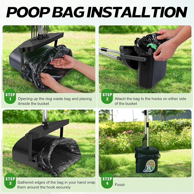 UPSKY Dog Pooper Scooper Swivel Bin & Rake Kit with 100 Waste Bags, 33.4" Stainless Steel Long Handle Heavy Duty Pet Poop Shovel for Large Medium Small Dogs, Odor-Proof Lid for Yard/Lawn/Outdoor Use