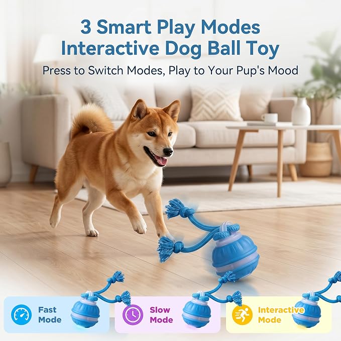 Interactive Dog Toys Automatic Rolling Ball with Rope Blue | Motion-Activated Play, Random Moving Electric Dog Ball with Sounds, Mental Stimulation, For Puppy Small Medium Dogs
