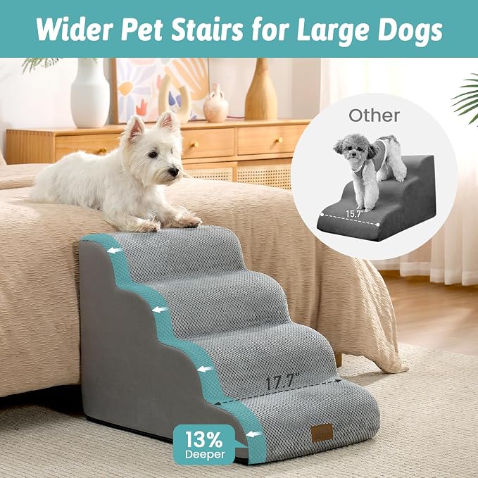 COZY KISS Wide Dog Stairs for Small Dog 19.7" H, 4 Step Pet Ramp for Bed | Curved Stable Dog Step for Puppy, Older Cat, Senior, Medium, Short-Legged Dog, Non-Slip Ladder, 17.7 inch Width, Grey