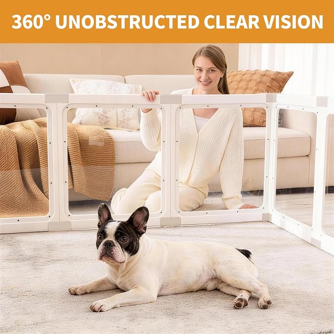 Acrylic Dog Playpen Indoor for Small Dogs & Puppies, Clear Transparent Pet Playpen with Modern No-Bar Design, 23.6" Easy Assemble Puppy Play Pen, Escape-Proof & Sturdy (12 Panels, White)