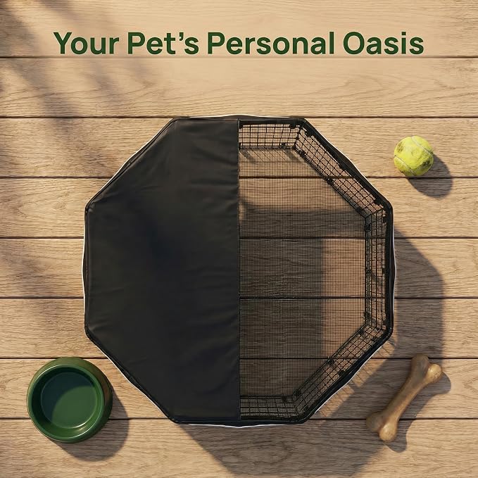 PJYuCien Octagonal Playpen Top Cover for 24" Side Metal Pet Pen, Half Mesh Half Oxford with Silver Coating & Snap Hooks, Predator & Weather Protection, Cozy Den for Puppy Small Animals, Black