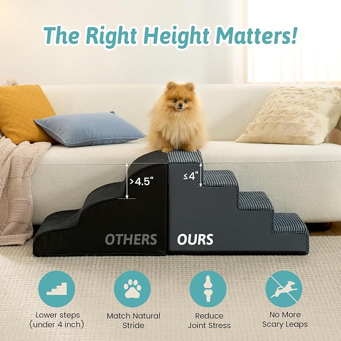 COZY KISS Dog Stairs for Small Dogs, 4 Step Pet Stairs for Beds & Couches | 15.7" H Non-Slip Dog Steps for Bed & Sofa, Gentle Incline for Puppies, Senior Cats, and Small Dogs, Charcoal Grey