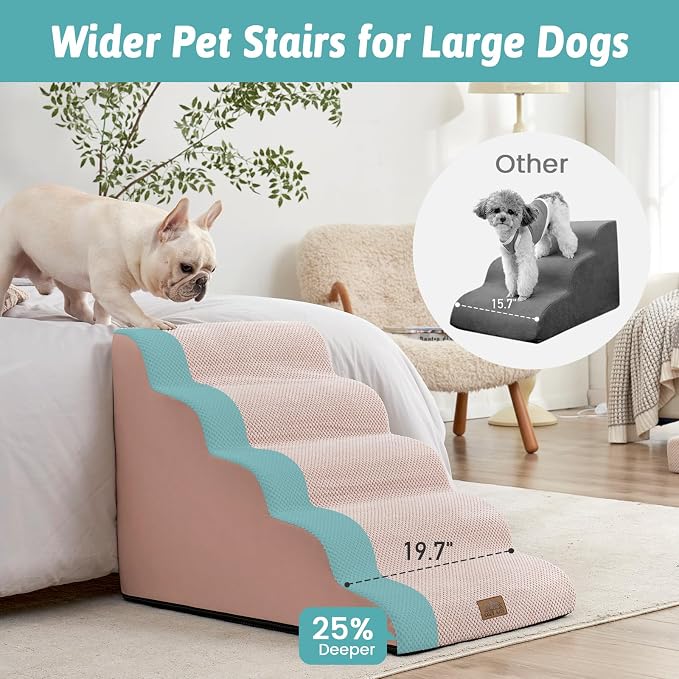 COZY KISS Extra Wide Dog Stair for Small Dog, 5 Step Pet Ramp for Bed | Curved Stable Dog Step for Puppy, Older Cat, Senior, Medium, Short-Legged Dog, Non-Slip Ladder for High Bed, 22.4" H, Pink