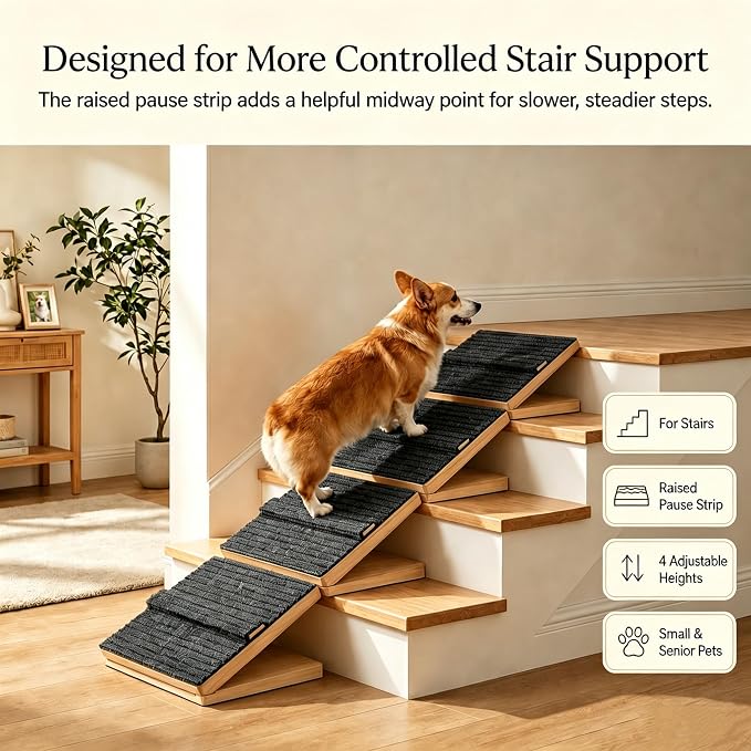 3 Pack Dog Ramp for Stairs – Solid Wood Adjustable & Foldable, 4 Heights, Non-Slip Silicone Base, Traction Felt, Raised Pause Strip, 35lb for Small & Senior Dogs