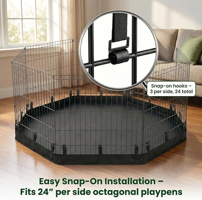 PJYuCien 2-in-1 Octagonal Dog Playpen Pad, 24" Side Waterproof Bottom Liner Escape-Proof Top Cover, 600D Oxford with Snap Hooks for Puppy Small Animals, Black