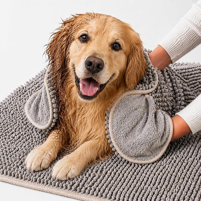 Pet 2-in-1 Dog Towel & Mat – Transforms from Drying to Bath Mat, Ultra Soft, Absorbent & Quick-Drying, Machine Washable Dog Towels with Detachable Non-Slip Mat and Hand Pockets (Large)
