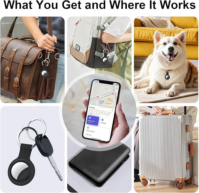 4 Packs Tracker Tags Compatible with Apple Find My (iOS Only), Bluetooth Tracker, Smart Keys Finder and Item Locator with Waterproof Case for Wallet Luggage Pet Backpack 2W2B