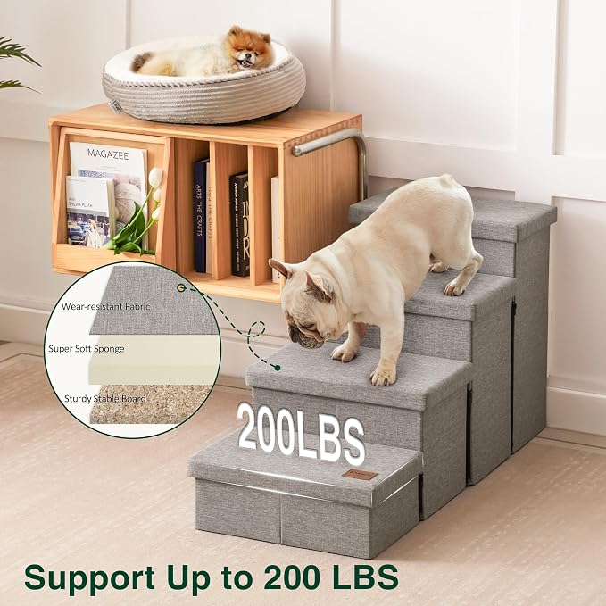 Love's cabin Dog Stairs for Small Medium or Large Dogs with Storage and Adjustable Steps, Foldable Cat Steps for Bed or Couch, 4-Step Gray Folding Ramp with Zip up to 200 lbs, Solid Grey