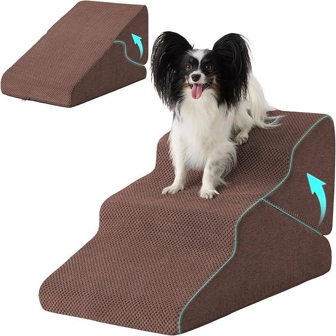 Dog Stairs for Small Dogs 16’’ H, 3-Step Dog Steps for Bed, Foldable Pet Stairs and Ramp for Dogs and Cats to Get on Beds, Couch, Non-Slip Balanced Pet Steps with Waterproof Cover, Brown
