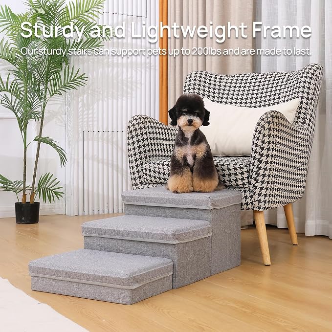 Foldable Dog Stairs/Steps 2-Tier Pet Steps Storage and Adjustable Steps for Small Medium Dogs Pet Steps Storage Stepper for High Beds Sofa Pet Dog Cat (3 Step-Light Grey)