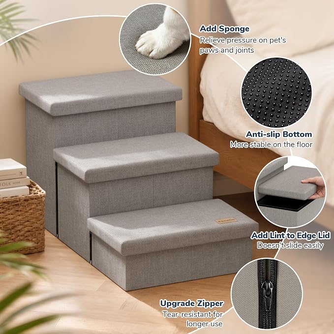 3-Step Wide Dog Stairs with Hidden Storage 18" H, Non-Slip Dog Steps for High Bed Couch Window Car, Jiont-Friendly Pet Stairs Ramp for Small/Medium/Large Old Dogs Cats Up to 220lbs, Grey