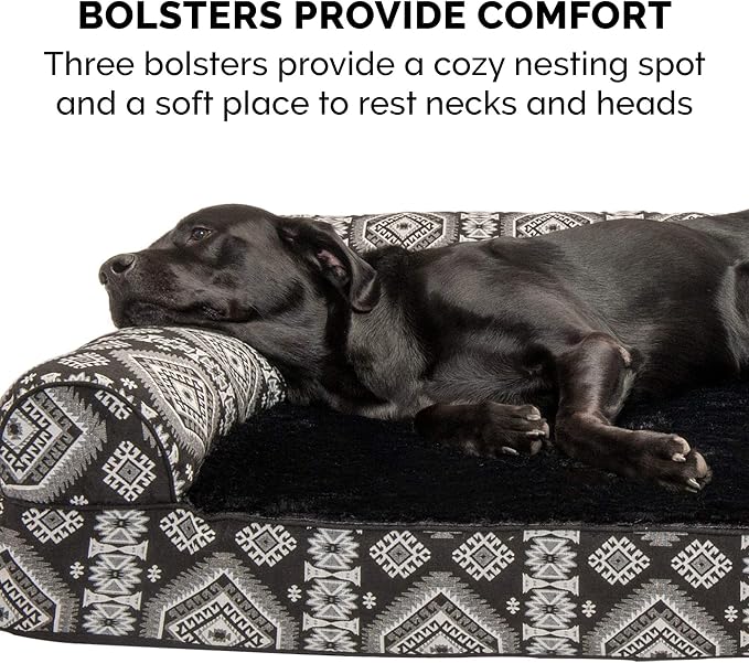 Furhaven Memory Foam Dog Bed for Large Dogs w/ Removable Bolsters & Washable Cover, For Dogs Up to 125 lbs - Plush & Southwest Kilim Woven Decor Sofa - Black Medallion, Jumbo Plus/XXL