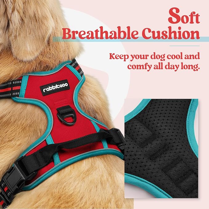 rabbitgoo Dog Harness, No Pull for Large Dogs with 2 Leash Clips, Pet Vest | No Choke with Handle, Adjustable Soft Padded, Reflective, Easy Control for Walking, Red & Teal, X-Large