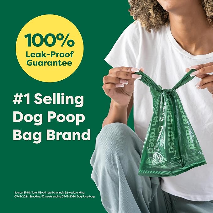 Earth Rated Dog Poop Bags with Handles on Refill Rolls, Easy-Tie on a Compact Roll, Extra Wide Opening, Guaranteed Leak-Proof, Unscented, 105 on Rolls