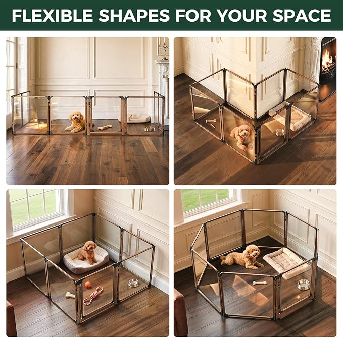 FXW AuraSpace Pro Acrylic Indoor Dog Playpen, Heavy-Duty with Metal Frame, 24" Height 8 Panels for Puppies & Small Dogs, Walnut│Patented