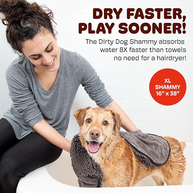 Dog Gone Smart The Dirty Dog Shammy - Fast Drying Plush Shammy Towel with Dual Hand Pockets and Elastic - Super Absorbent Polyamide Microfiber & Machine Washable - Grey, X-Large