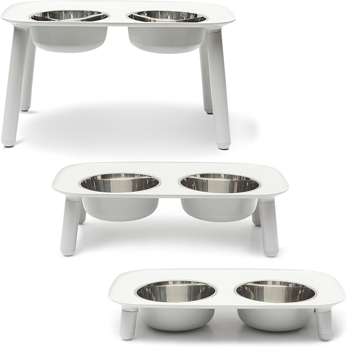 Messy Mutts Elevated Double Dog Feeder, Adjustable Height, Light Grey | Adjustable-Height Elevated Double Dog Feeder With Two 5 Cup Stainless Bowls, Legs Set To 3, 5, Or 10 Inches