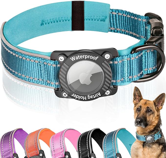 Waterproof Dog Collar Holder Compatible with AirTag, Blue, S | 1000D Nylon, Reflective Stitching for Night Visibility, Adjustable Soft Padded, Ultra-Durable, for Small Medium Large Dogs