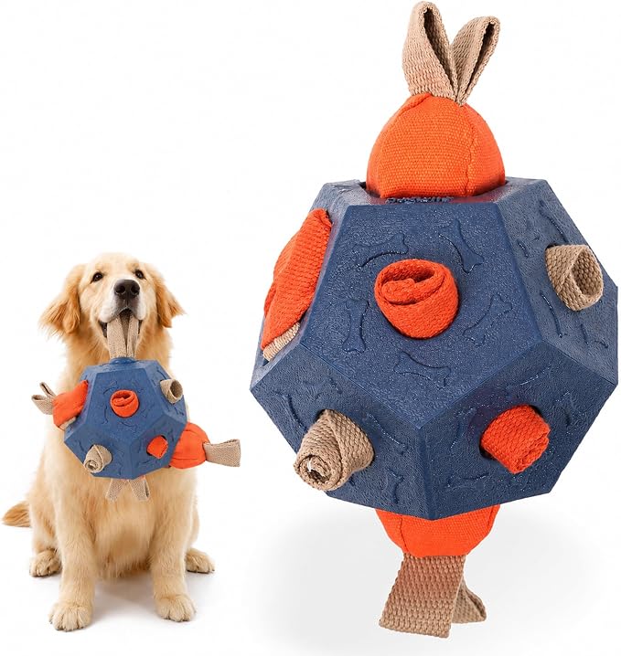 Dog Snuffle Ball - Upgrade Ball Interactive Puzzle Dog Toys, Foraging Truffle Pads Puppy Snack Dispenser Slow Feeder Suitable for Any Size Pet with Squeaky Carrot Toys (Blue)