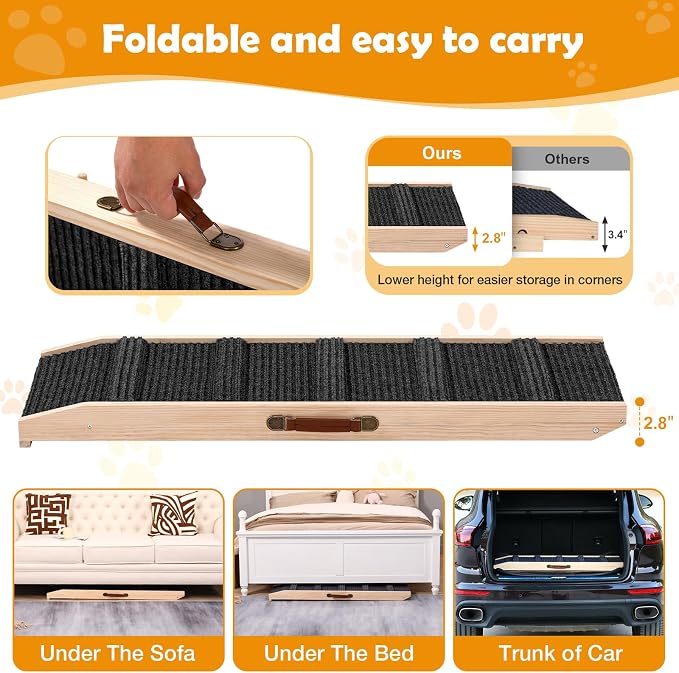 43" Long Dog Ramp with Landing Platform for Bed, Couch & Car - 6 Level Adjustable Height (10.8" to 23.6"), Foldable Wooden Pet Ramp with Non-Slip Surface, for Small, Medium & Old Dogs Up to 140 LBS