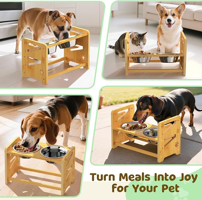 Elevated Dog Bowls, Adjustable Raised Dog Bowl Stand for Medium and Small Pet, 11" High Bamboo Pet Food Feeder with 2 Stainless Steel Dishes（4 Heights）