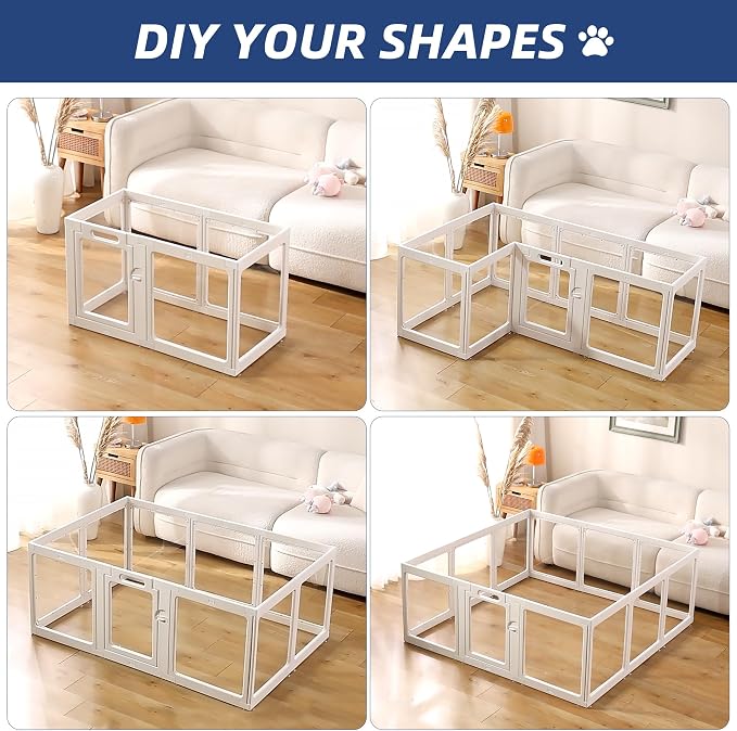 Clear Acrylic Dog Playpen Indoor, Puppy Cat Small Pet Play Pen, Pet Cat Playpen for Rabbits, Dog Fence Crate Kennel Whelping Cage (Grey, 12 Panel)