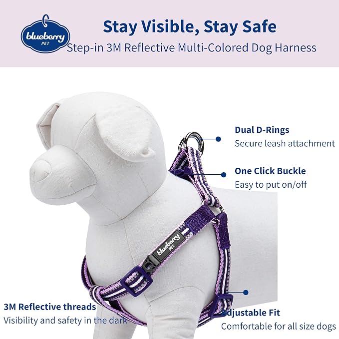 Blueberry Pet 5 Colors Step-in 3M Reflective Multi-Colored Stripe Padded Dog Harness, Chest Girth 26" - 39", Orchid & Lavender, Large, Adjustable Harnesses for Dogs