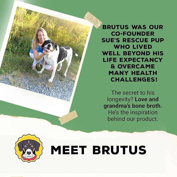 Brutus Broth Dog Food Topper - Instant Broth Powder with Omegas 3,6,9 from Microalgae Oil for Skin and Coat - Human-Grade Quality, Serve Dry or Wet - Vegetable Flavor, 3.5 oz (Pack of 1)