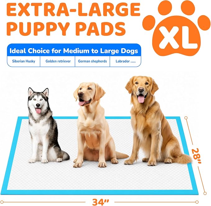100 Pack Puppy Pads Extra Large 28"x34", Super Absorbent Pee Pads for Dogs, Leak-Proof & Quick-Dry, Disposable Wee Wee Pads for Dogs
