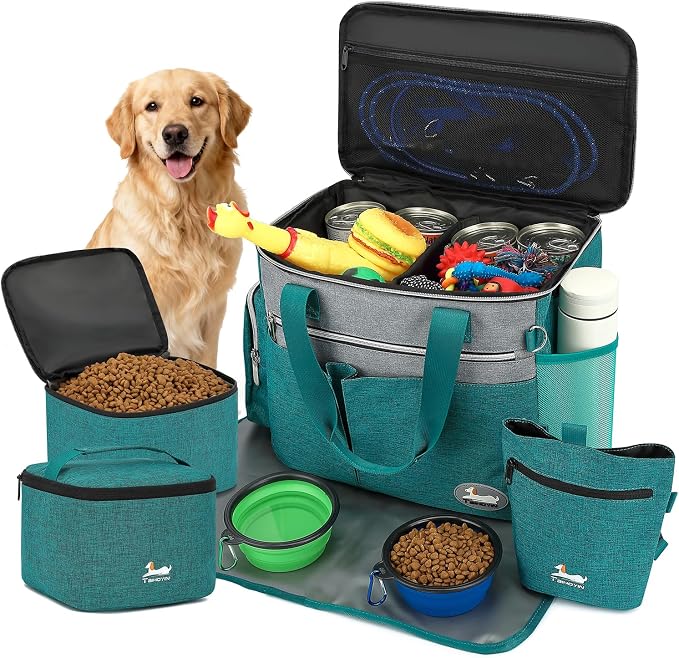 Dog Travel Bag 7-Piece Set with Food Containers, Bowls & Feeding Mat