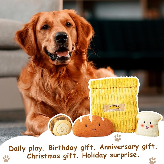 Hollypet Squeaky Hide and Seek Dog Toys for Small and Medium Dogs, Bread | Interactive Plush Stuffed Dog Squeak Toys for Small Medium Sized Dogs and Non-Aggressive Chewers, Puppy Teeth Clean Chew Toys