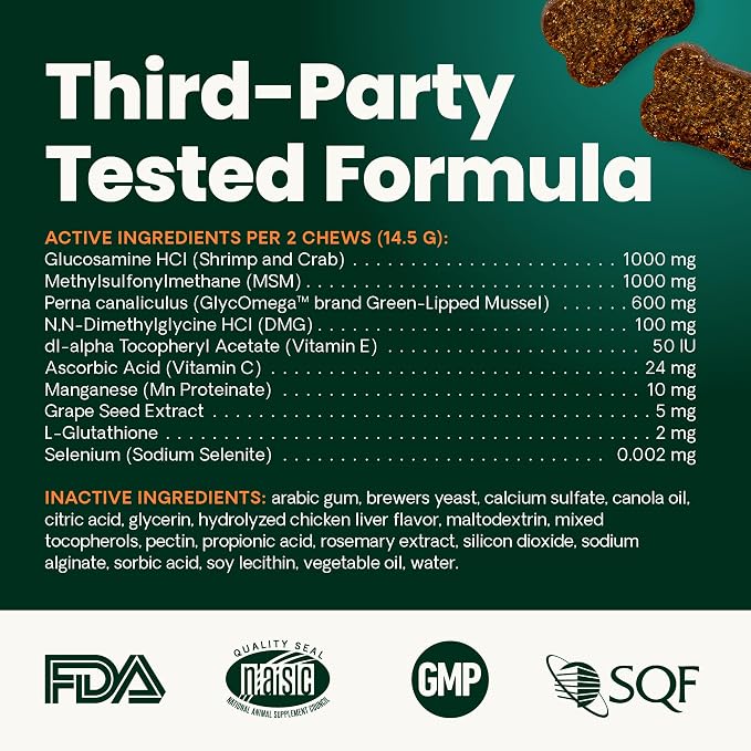 VetriScience Extra Strength Healthy Hip&Joint Chews,GlycoFlex 3,Glucosamine,Green-Lipped Mussel,Joint Support Supplement for Dogs,Promote Mobility&Soothe-Joint Discomfort,Chicken,120 Count (Pack of 2)