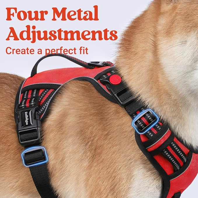 rabbitgoo Large Dog Harness, Easy Wear with 3 Buckles and Lift Handle | No Pull with Front Clip for Walking, Adjustable Soft Padded, Reflective, Easy Control, Red, X-Large