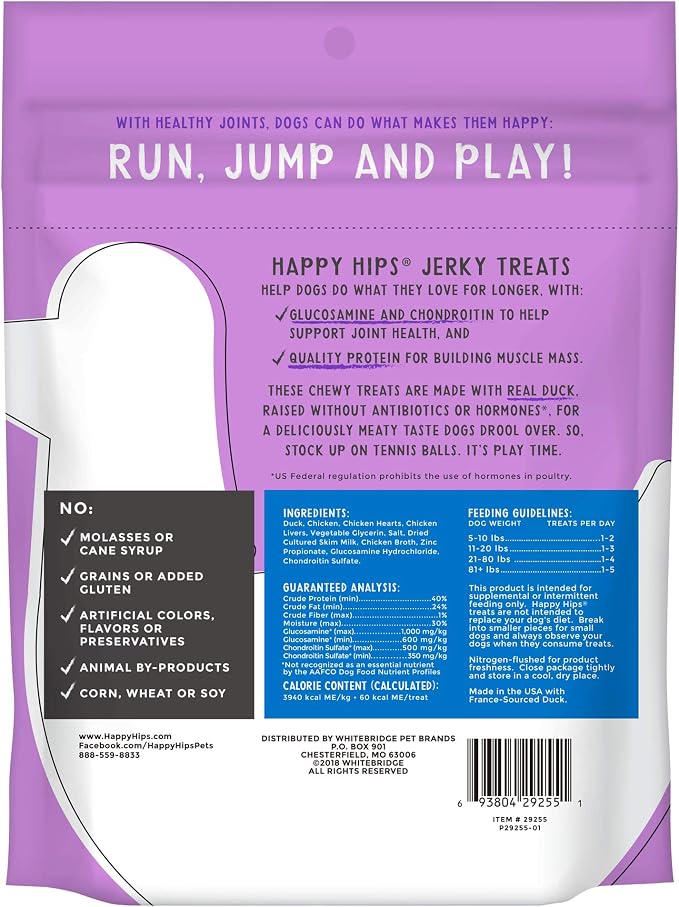 Happy Hips Jerky Dog Treats, Duck, 10 oz. Pouch