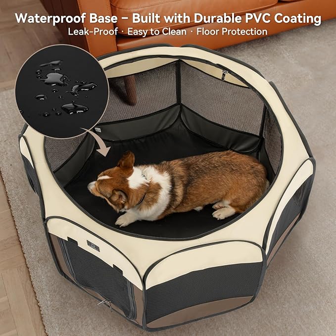 Dog Playpen for Small Dogs & Puppies, 29.92" Portable Indoor Outdoor Puppy Playpen with Bowl, Waterproof Floor, Foldable Pop-Up Pet Pen for Home, Travel & Daily Use, Brown+Beige
