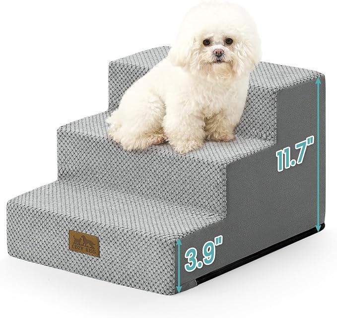 COZY KISS Dog Stairs for Small Dogs, 3 Step Pet Stairs for Beds & Couches | 11.7" H Non-Slip Dog Steps for Bed & Sofa, Gentle Incline for Puppies, Senior Cats, and Small Dogs, 15.7x17.7x11.7 in, Grey