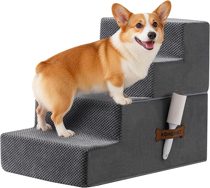 Dog Stairs, Steps and Ramp for High Bed & Sofa, 13-24" H Detachable Pet Stairs for Small Medium Dogs, Sturdy 40D Foam, Non-Slip, Washable Cover with Lint Roller, Grey