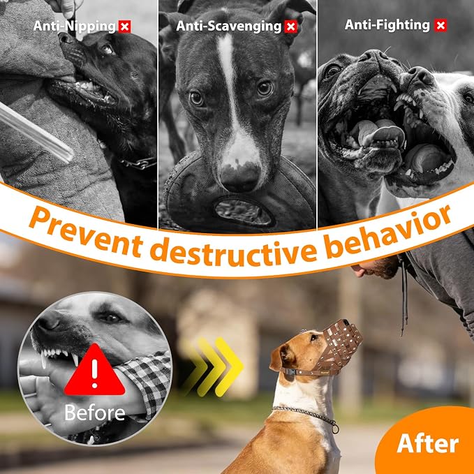 Pitbull Dog Muzzle for Large Medium Dogs Prevent Biting Scavenging | Fits Rottweiler Amstaff Broad-nosed Breed, Sturdy Breathable Basket, Training Walking Use, Allows to Drink | Brown, L