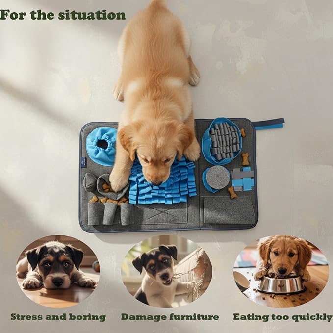 S Snuffle Mat Blue Dog Puzzle Enrichment Slow Feeder | Mental stimulation, slow feeder, nosework game, washable non-slip, enrichment puzzle toy for dogs cats