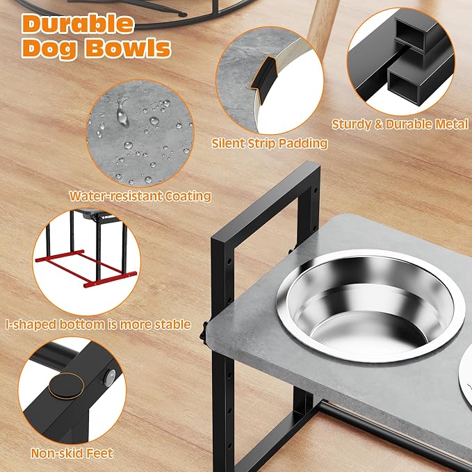 Elevated Dog Bowls for Dogs, 6 Heights Adjustable Raised Dog Bowl with Slow Feeder - 3 Stainless Steel Bowl, Tiltable Non-Slip Feeding Bowls with Metal Stand