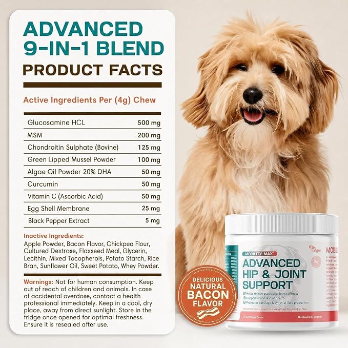 Mobility Max Dog Hip and Joint Supplement with Glucosamine, Chondroitin, MSM & Vitamin C – Hip and Joint Chews for Dogs – 9-in-1 Advance Formula – 60 Bacon Chews for Active & Senior Dogs, 240g