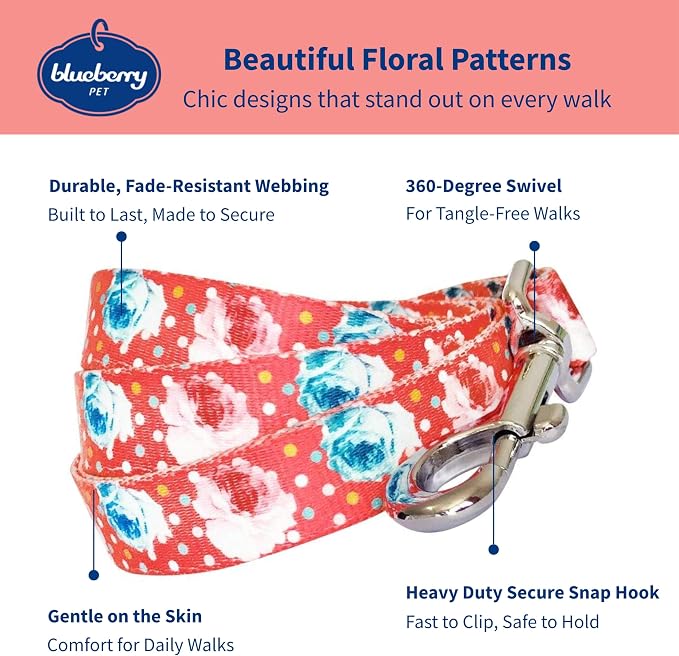 Blueberry Pet 9 Patterns Durable Spring Scent Inspired Rose and Polka Dot Print Brink Pink Dog Leash 4 ft x 1", Large, Leashes for Dogs