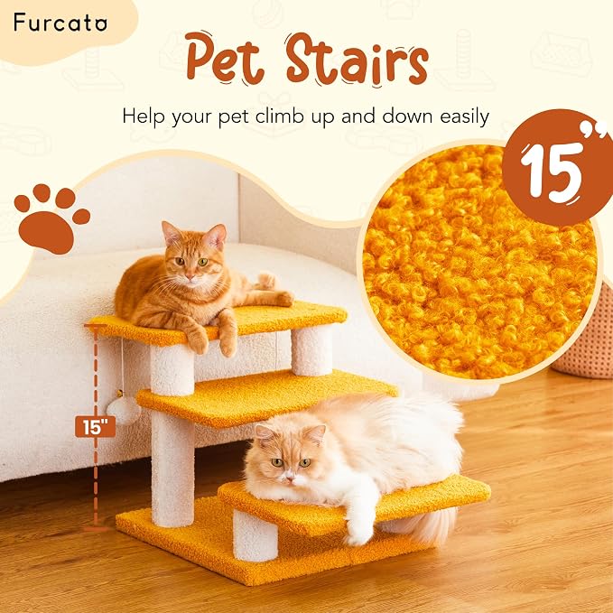 15''H Multi-Step Pet Stairs for High Beds & Sofas, 3-Step Cat Stairs with 2 Toy Balls, Wide Boards for Indoor Kittens Dogs Pets Climbing, Yellow