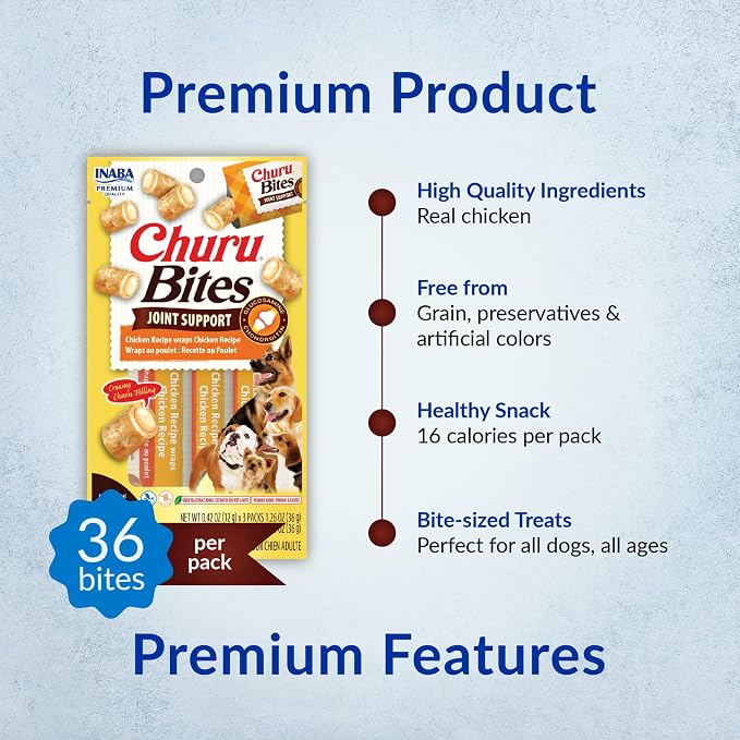 INABA Churu Bites Joint Support for Dog, Functional Lickable Dog Treat with Taurine & Green Tea Extract, 1.26oz Each, 18 Tubes Total, Chicken with Salmon Recipe
