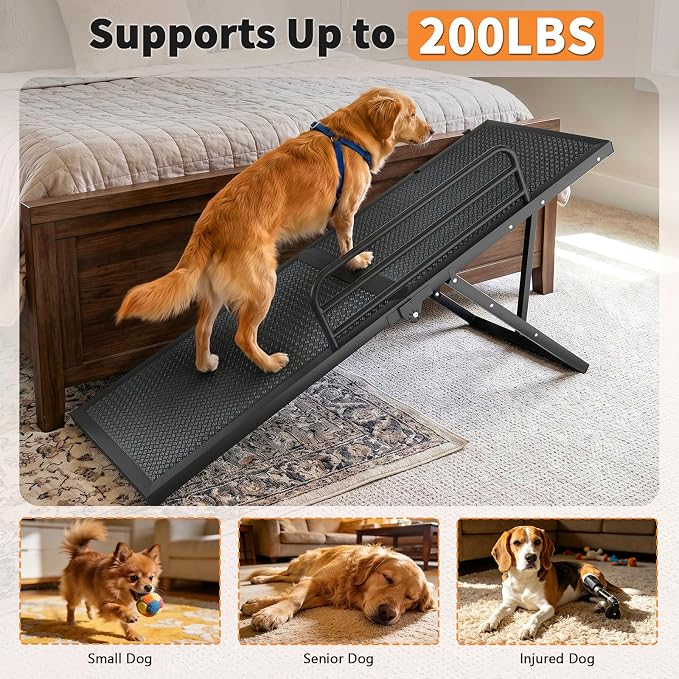 Dog Ramp for Bed, 5-Level Adjustable Pet Ramp with Side Safety Rails, 13.4"–18.3" Height Adjustable Foldable Ramp for Small to Large Dogs