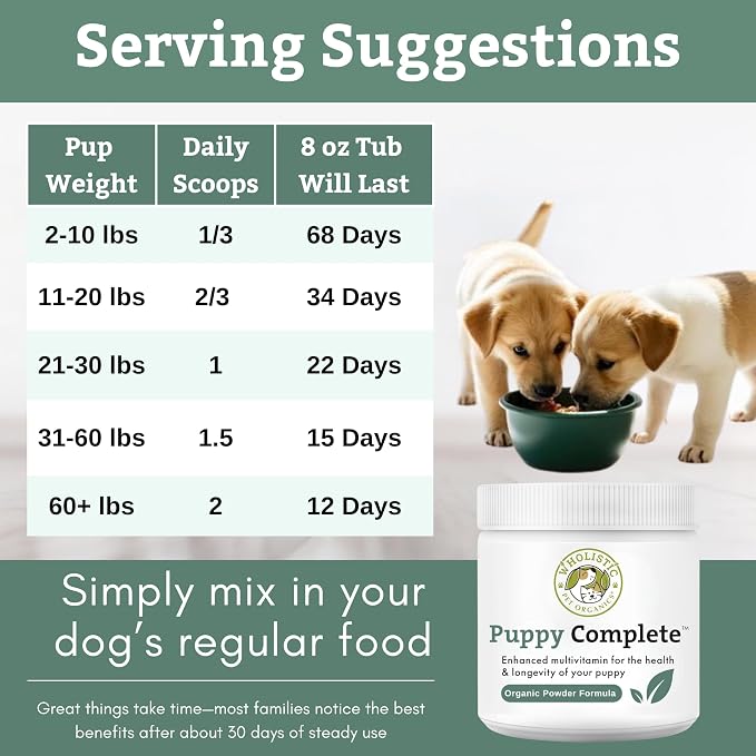 Organic Puppy Vitamins - 8 oz - 22 Scoops | Puppy Complete - Daily Dog Multivitamin with Prebiotics, Probiotics for Immune Support, Skin Coat, Digestion, & Joint Health