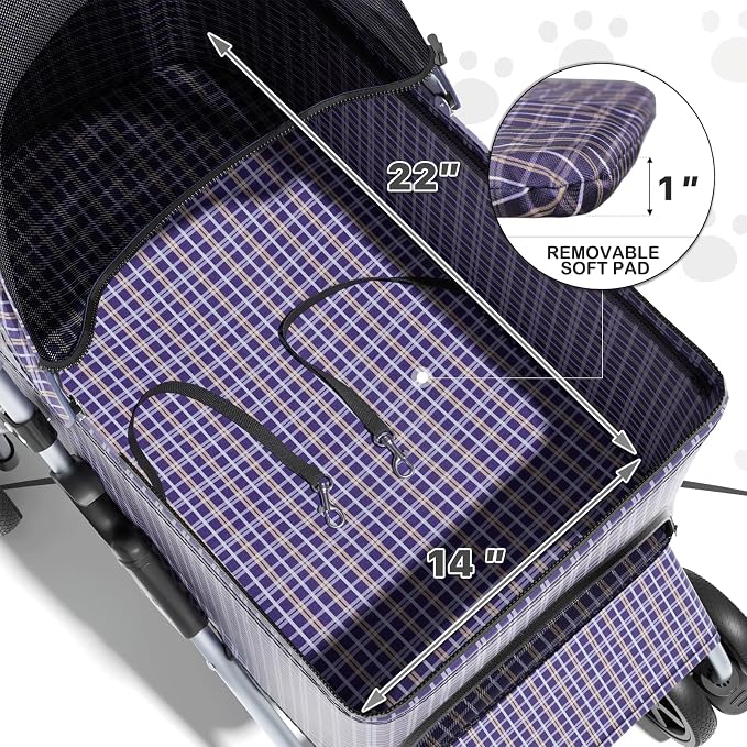 MoNiBloom 3-in-1 Foldable Pet Stroller - Plaid, up to 33lbs