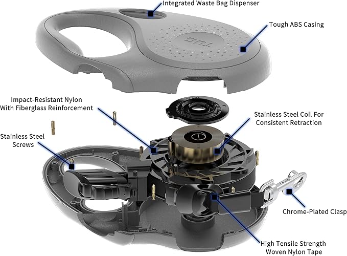 TUG Oval 360° Tangle-Free Retractable Dog Leash with Integrated Waste Bag Dispenser (Small, Grey)